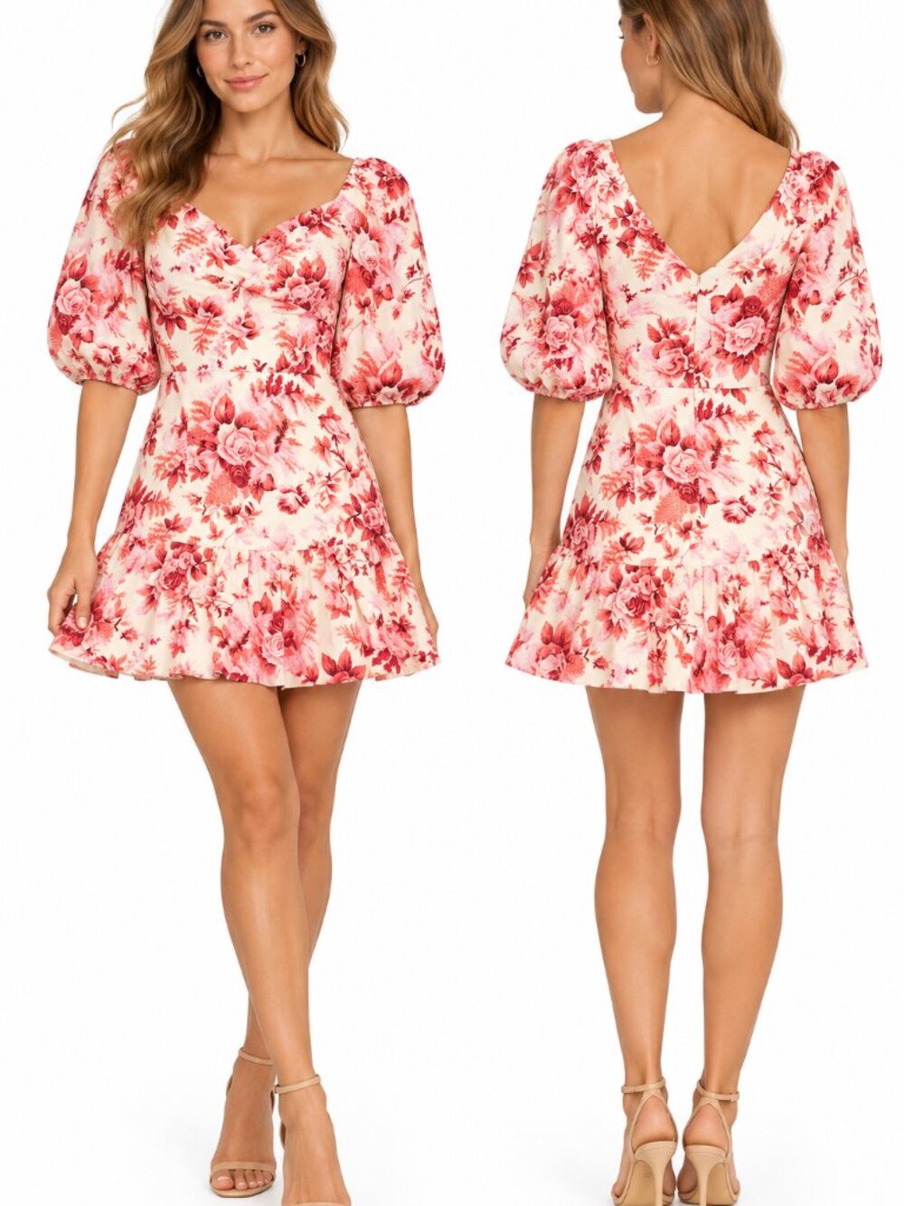 NWT Hello Molly Pink Floral Puff Sleeve V Neck Mini Dress XS US 2